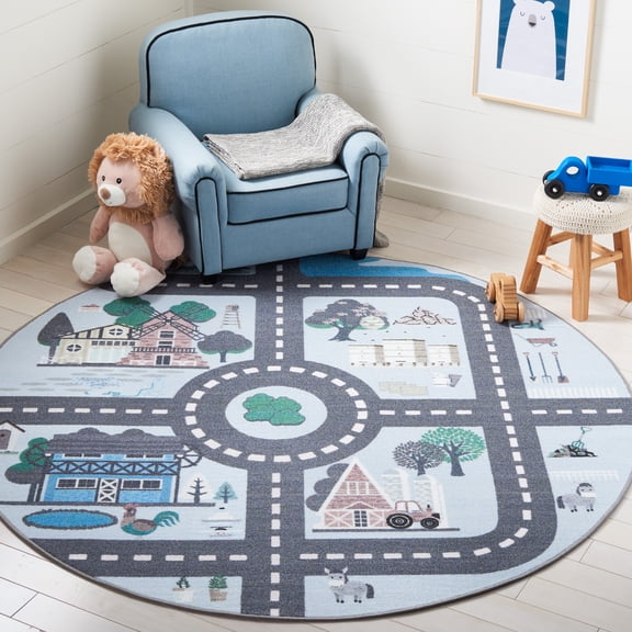 Safavieh Kids Playhouse Farm Crossroads Machine Washable Area Rug, Blue/Dark Gray, 5' x 5' Round