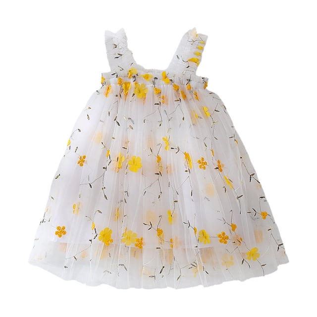Hpapadks Robe Bébé Fille Sans Manches Fleurs Brodées Robe à Bretelles en Tulle Robes Filles Jaune 5-6 Ans