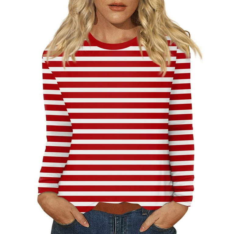 Women's Long Sleeve Striped T-Shirt, Casual Red and White