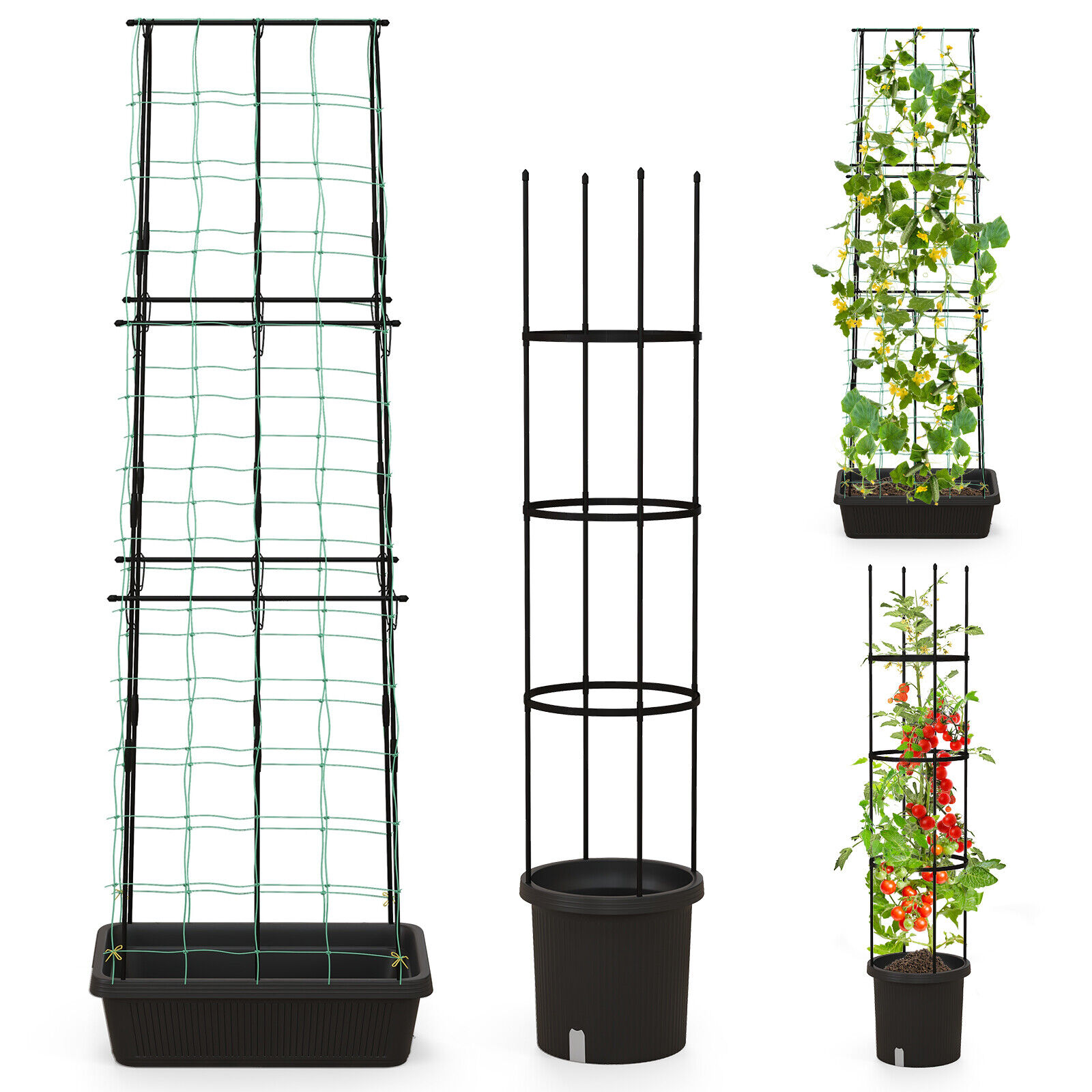 Amijoy 2-Pack Garden Trellis, 58.5" Tomato Cage & 71" Cucumber Trellis w/ Planter Box, Self-Priming Irrigation, Adjustable Height