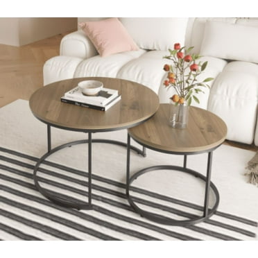 Nesting Coffee Table Set of 2, 27.6inch Round Coffee Table Industrial Wood Finish with Sturdy Metal Frame, End Table Side Tables for Living Room Bedroom Balcony Yard (Brown)