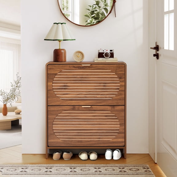 Wirrytor Shoe Storage Cabinet with 2 Flip Drawers for Entryway, Shoe Rack Organizer with Printed Oval Line Pattern, Entryway Shoe Storage,Walnut