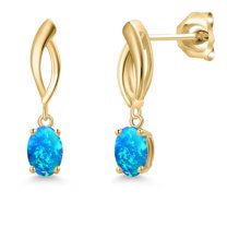 Gem Stone King 10K Yellow Gold Simulated Blue Opal Stud Dangle Earrings for Women | 1.00 Cttw | Gemstone October Birthstone | Oval Cabochon 6X4MM