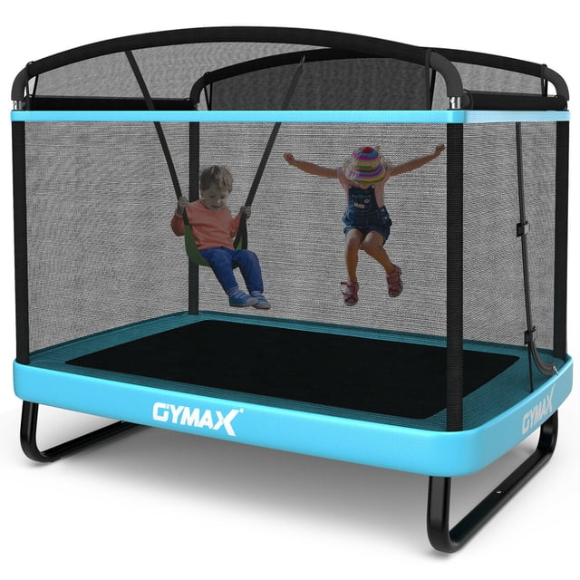 Gymax Trampoline Récréatif pour Enfants de 6 Pi avec Balançoire et Enceinte de Sécurité en Bleu, Conçu pour une Utilisation Intérieure et Extérieure. Comprend un Toile de Saut à Haute Densité Soutenue par 40 Ressorts Galvanisés pour un Rebond excellent, un Cadre en Acier Galvanisé en Forme de U pour la Stabilité, et un Coussin en Mousse Souple Couvrant les Ressorts pour la Sécurité. Comprend un Accessoire de Balançoire et un Filet d'Enceinte à Fermeture à Glissière pour une Sécurité Accrue. Convient aux Enfants de Plus de 3 Ans avec une Capacité de Charge de 220 Lb