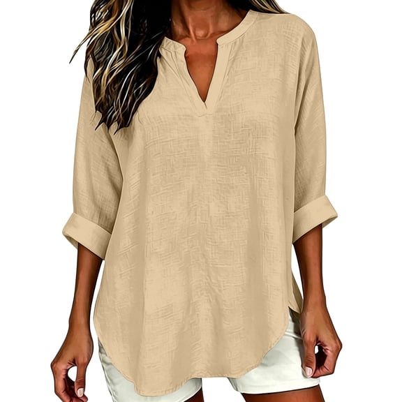 3/4 Length Sleeve Womens Tops Plus Size Summer Tops Work Tops Women's Oversized T-Shirts Linen Shirts Vacation Outfits Cotton Linen Tops Womens Tops Womens Linen Tops Quarter Sleeve Tops Beige L