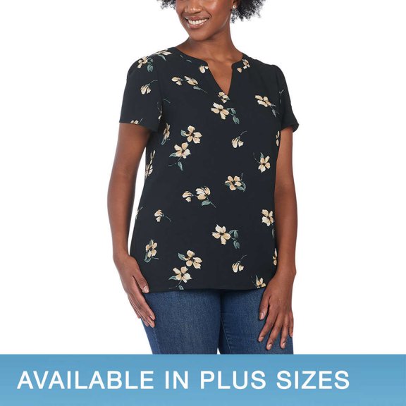 Hilary Radley Womens V-Neck Printed Blouse Size: L, Color: Navy