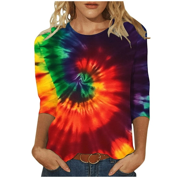 CYMMPU Spring Tops Crew Neck Tie Dye Fall Trendy Shirts Blouses for Women Dressy Casual 3/4 Sleeve Tunic Tops Loose Fit Ombre T-Shirts Multicolor M