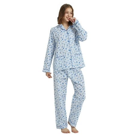 

GLOBAL Womens 100% Cotton Notch Collar Pajama Set with Pockets 2-Piece Sizes S to 3XL