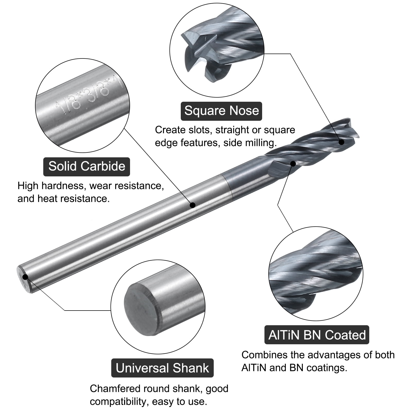 Uxcell 5 Pieces Solid Carbide Square End Mills 1/8" Dia AlTiN BN Coated 4 Flutes Milling Bit 1/8" Shank 1-1/2" Long