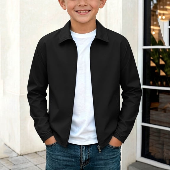 FSYBOA Boys Lightweight Jackets Size 8, Long Sleeve Windproof Collared Casual Kids Fall Outerwear Black