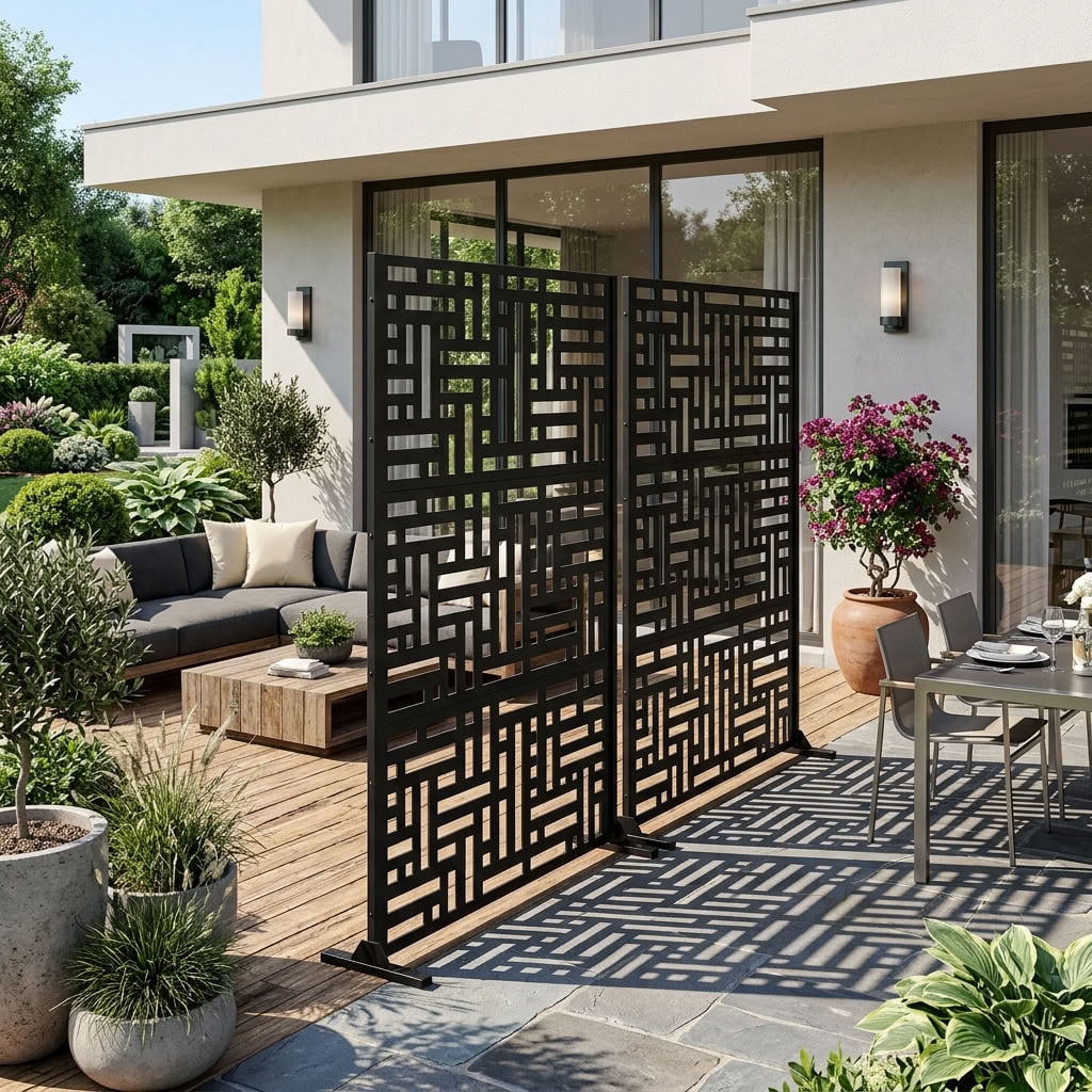MAYEERTY 72"×47" Metal Outdoor Privacy Screen, Decorative Privacy Fence, Windproof Privacy Panel for Patio, Balcony, Garden, Black