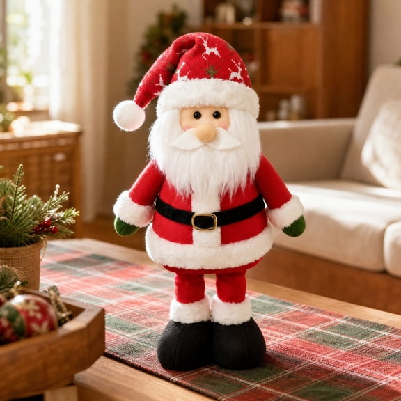 Standing Plush Santa Claus Figure Soft Fabric Santa Doll Tabletop Ornament Freestanding Christmas Decor for Mantel Shelf Desktop Indoor Home Holiday Party Decoration Xmas Gift