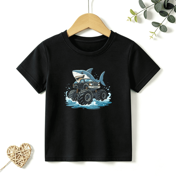 Boys Graphic T Shirt Shark Truck Short Sleeve Tee Ocean Vehicle Theme 100% Cotton Soft Kids Tops 4-13Y