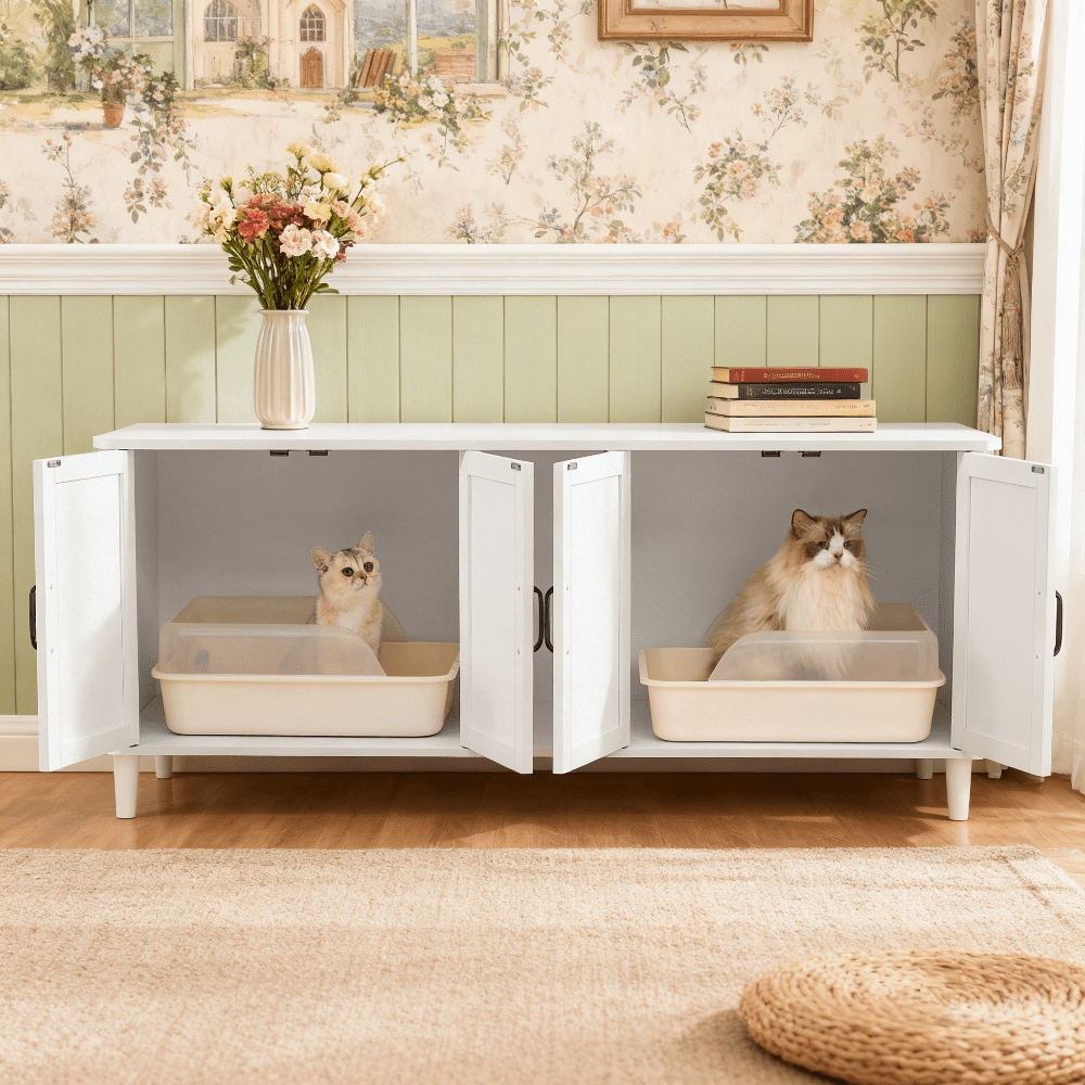 LEDREM Double Cat Litter Box Enclosure for 2 Cats, Hidden Litter Box Furniture with Front Entry, Side End Table & TV Stand, 59 x 19.5 x 20 Inches, Cloud White