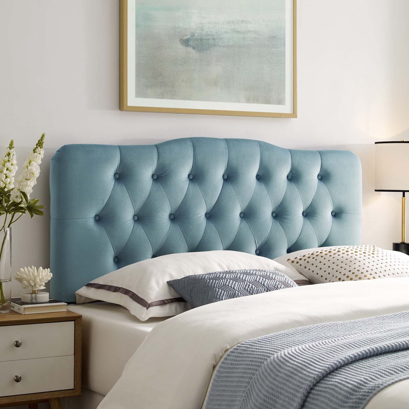 Contemporary Modern Urban Designer Bedroom King Size Tufted Headboard, Velvet Fabric, Light Blue