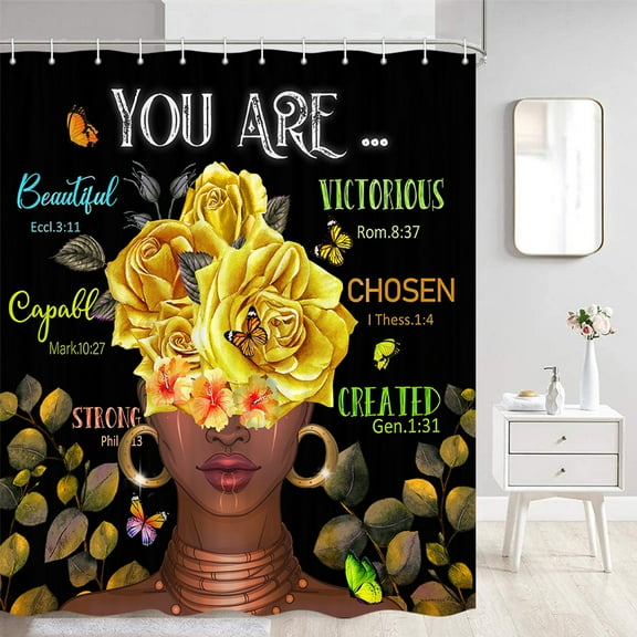 Black Girl Shower Curtain, African American Shower Curtain Sets, Butterfly Flower with Black Woman Bathroom Quotes Decor with Hooks Waterproof Washable with Hooks 70x70 inches