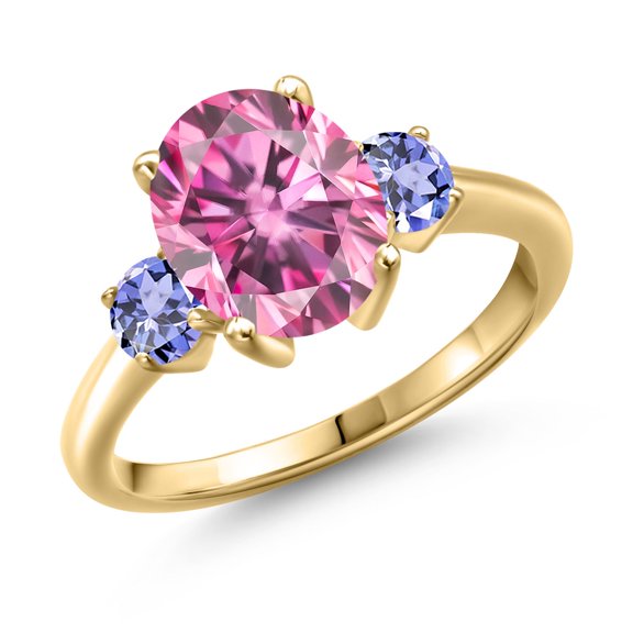Gem Stone King 18K Yellow Gold Plated Silver Ring Oval Pink Moissanite and Tanzanite Blue (3.42 Cttw, Size 5)