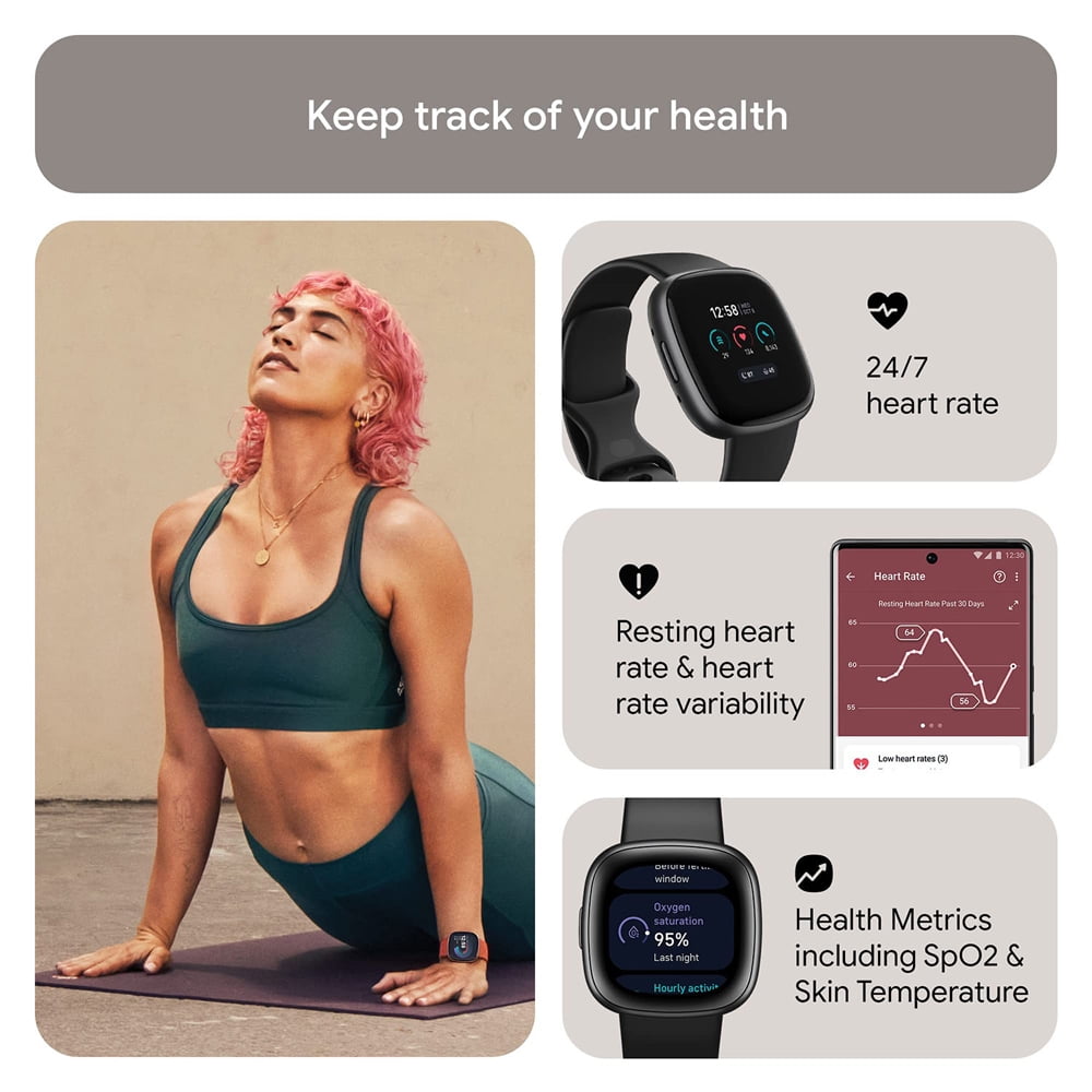 Fitbit FB523BKBK-US Versa 4 Fitness Smartwatch with GPS, 24/7 Heart Rate - Black/Graphite Bundle with Workout Sport Towel & Tech Smart USA Fitness & Wellness Suite