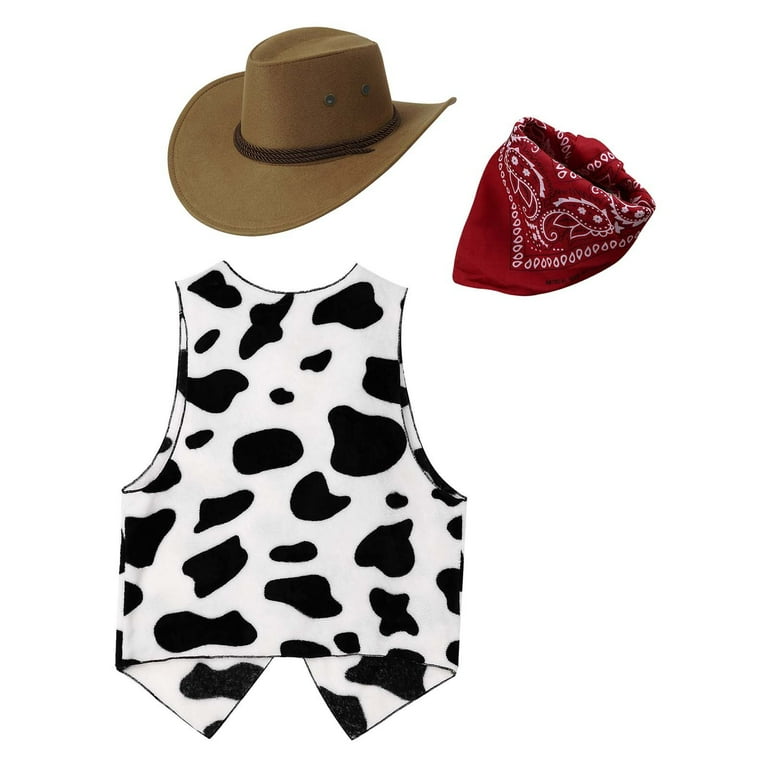 Aislor 3 pieces Men Western Cowboy Hat Cow Printed Flannel Waistcoat and Print Bandanna Red&Coffee XXL