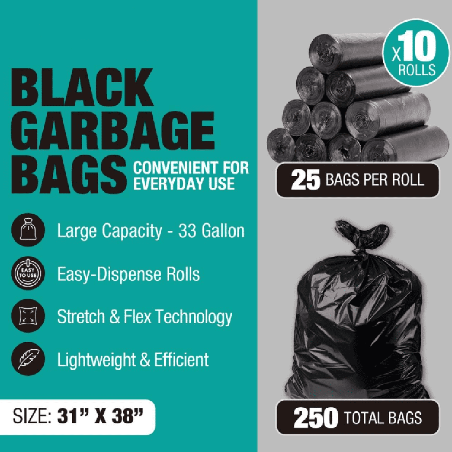 32-33 Gallon Black Trash Bags, Heavy-Duty | 32” x 38” | 250 Count Bulk Pack | Large, Durable & Tear-Resistant Garbage Bags for Home, Commercial, Construction & Outdoor Use