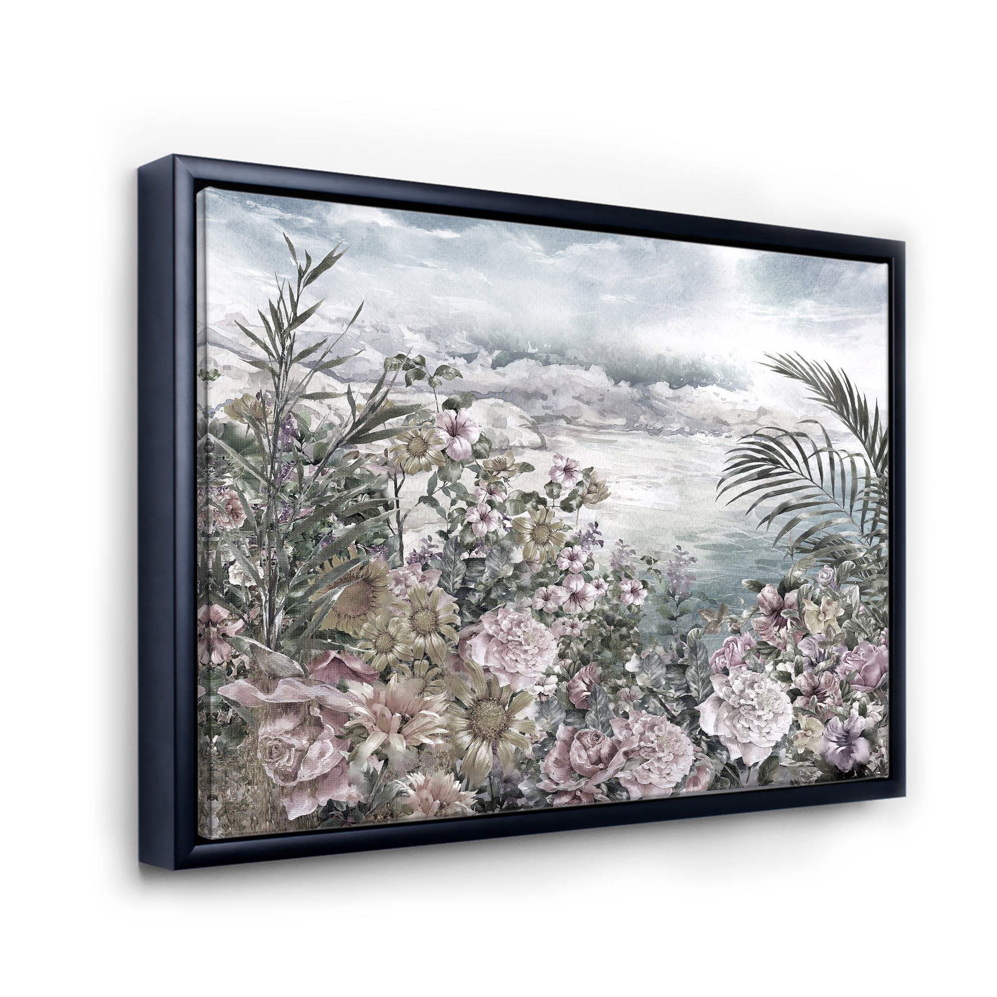 Abstract Retro Flowers By The Sea Side 40 in x 30 in Framed Painting Canvas Art Print, by Designart