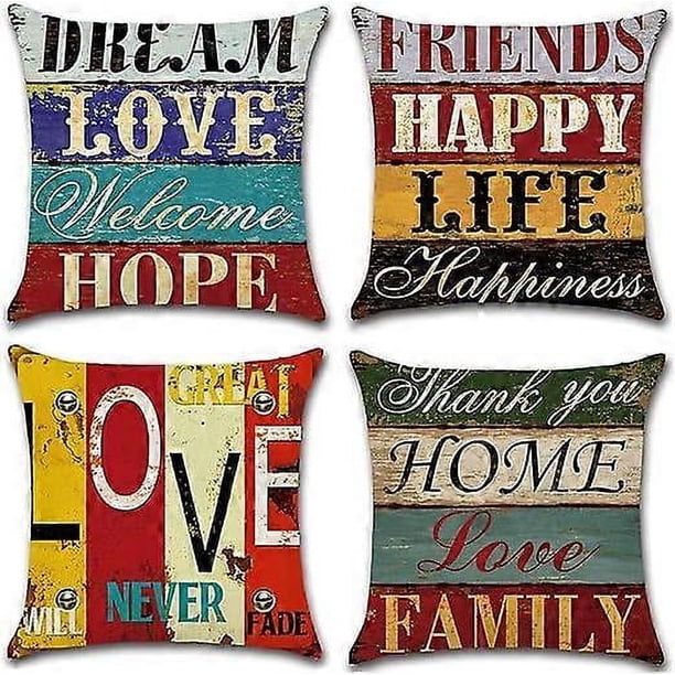 Paquete de 4 fundas de almohada decorativas Love Life, cuadradas, de algodón y lino, de 45 x 45 cm.