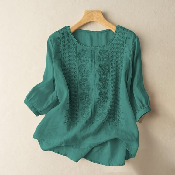Pxiakgy Women's Summer Flora Embroidered Tops Crew Neck 3/4 Sleeve Tunic Tops for Women Cotton Blouses Boho Loose Fit Tunic Tshirts Shirts for Women Trendy Summer Blouses for Women Casual Green L