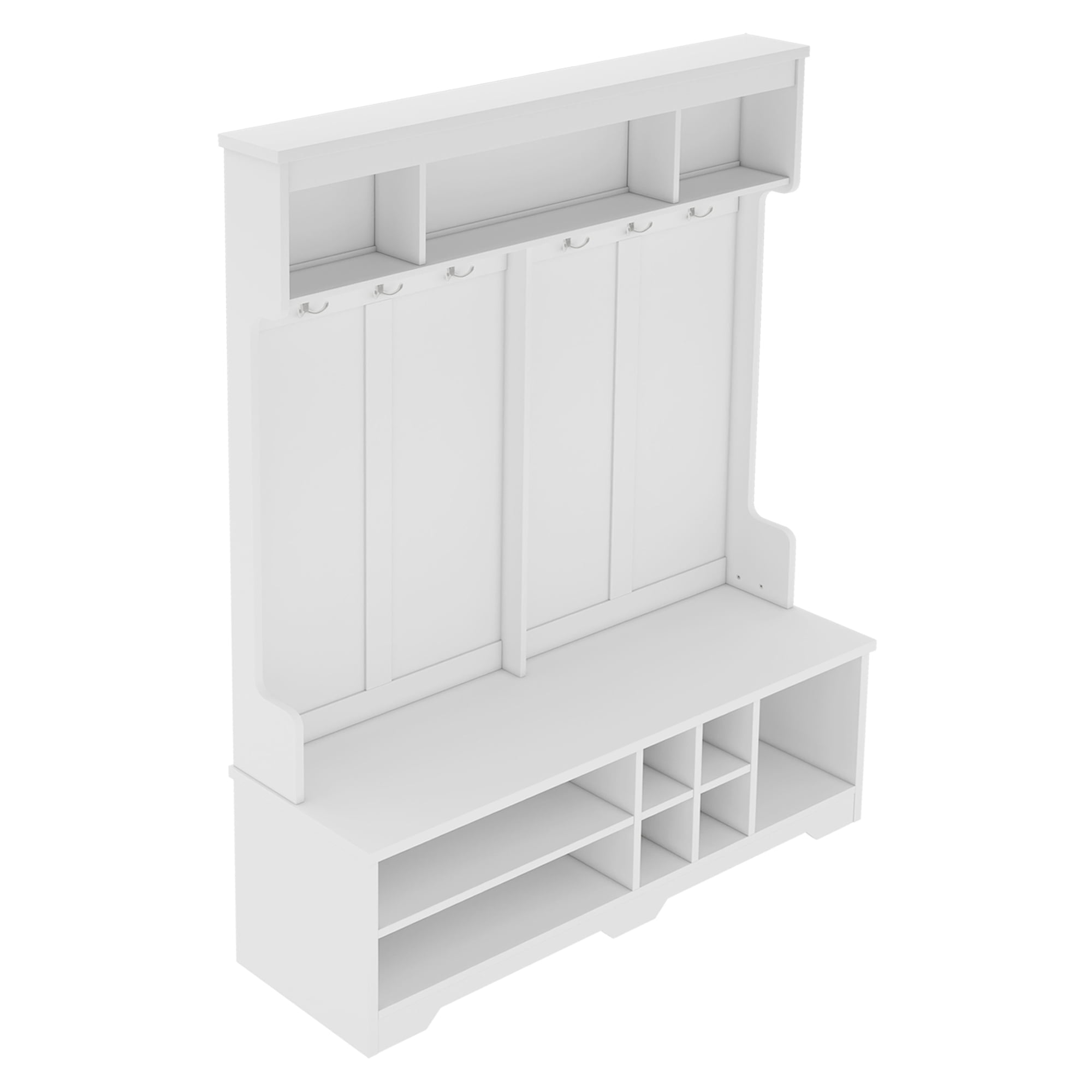 Mintazer Hall Tree with Coat Hooks, Multifunctional Entryway Shoe Storage Bench and Upper Open Cubbies for Living Room Mudroom Hallway, White