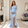 thumbnail image 6 of Jamicy Maternity Maxi Dress Long Sleeve Solid Color Mesh Split Hem Off Shoulder Pregnancy Photography Gown for Baby Shower Photoshoot Party, 6 of 7
