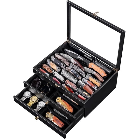 Large Knife Display Case, Large 3-Tier Wooden Pocket Knife Organizer with Glass Lid & Drawers, Storage Box for Folding Knife Collections, Ideal Men's Gift