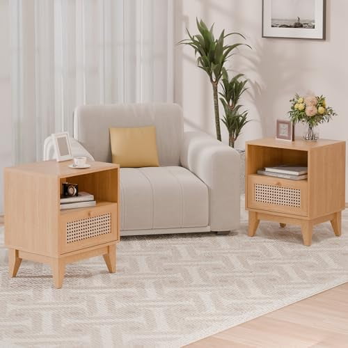 Rattan Nightstand Set of 2, Bedroom Nightstand, Boho Bedside Table, Wood Nightstand with Open Shelf, Bedside Table, Bed Stand with Drawers for Bedroom