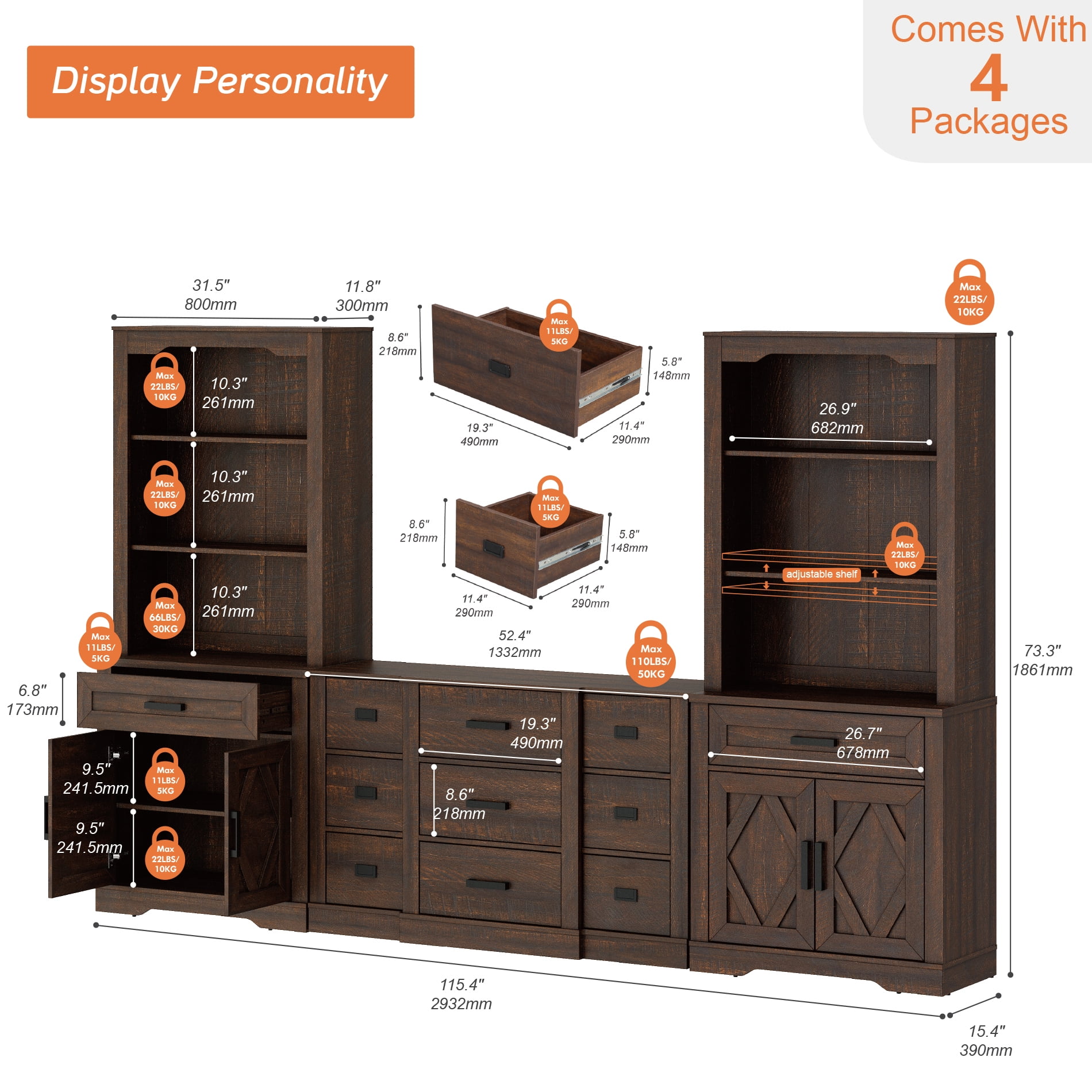 WAMPAT Farmhouse Entertainment Center with Bookshelf for TVs up to 60",Mid Century Modern TV Stand with 73"H Tall 5-Tier Bookcase with Open Storage and Barn Doors for Living Room,Bedroom,Brown