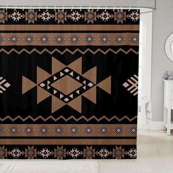 Bohemian Aztec Geometric Shower Curtain Black And Brown Boho Tribal Bath Curtain With 12 Hooks Waterproof Fabric Bathroom Decor 71x71 Inches