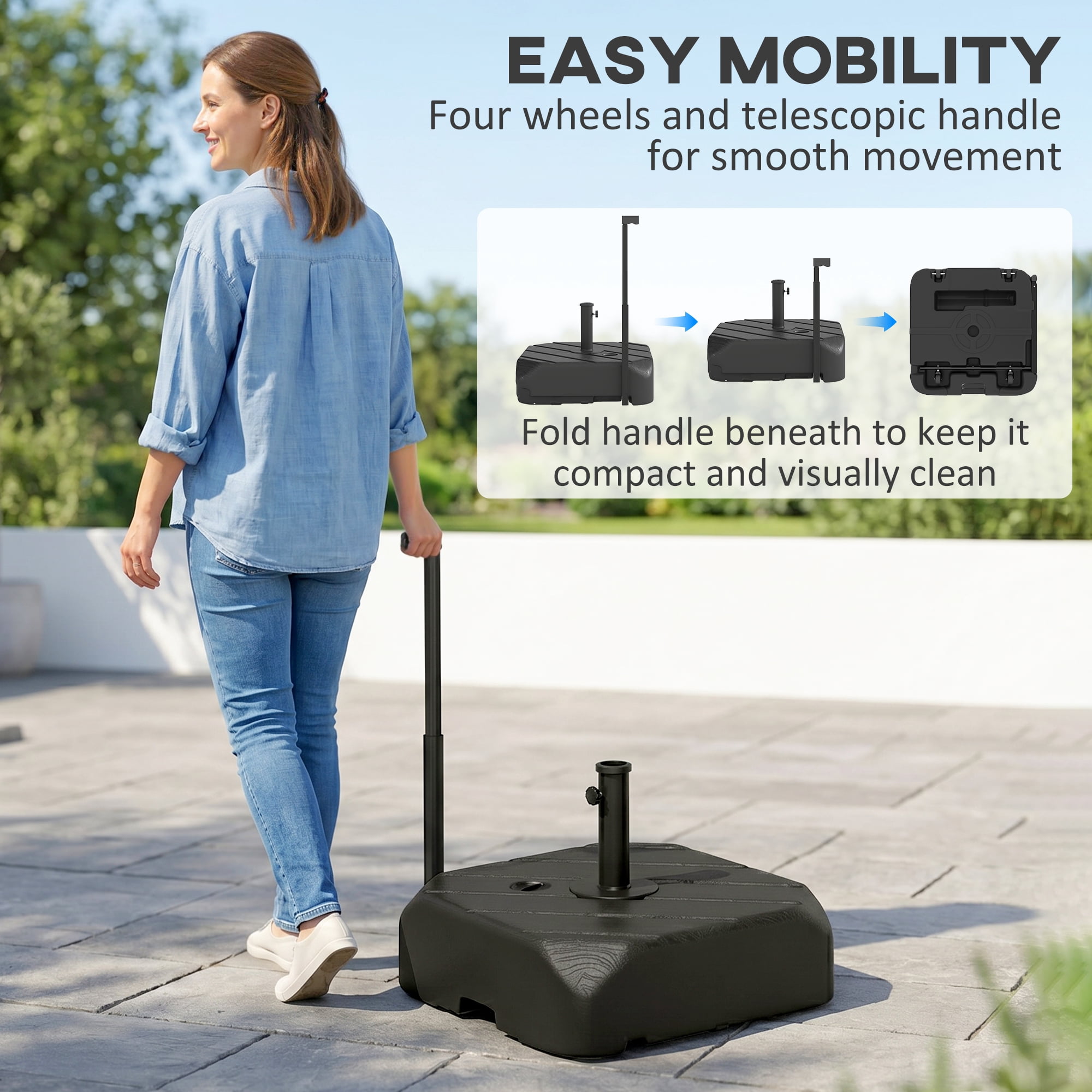 Outsunny Square Patio Umbrella Base with Wheels, Telescopic Handle, 158 lb Sand or 99 lb Water Filled Umbrella Stand Base for 1.5"/1.9" Poles, Black