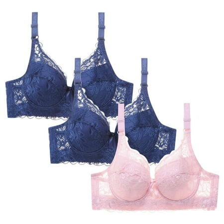 WREESH Womens Lace Bralette Comfortable Everyday Push Up Bra Soft Padded Wireless Plunge Bra Adjustable Strap No Underwire Bras Underwear 3 Pack Blue