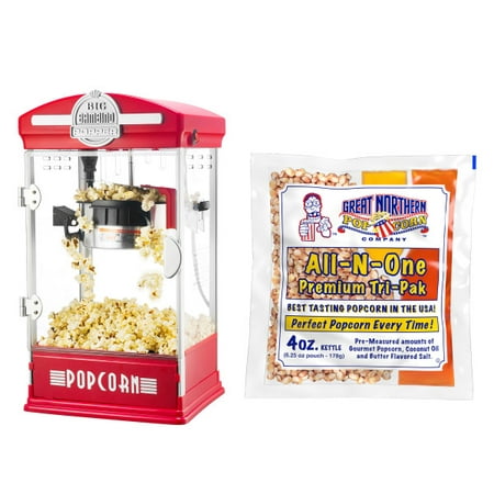 

Big Bambino Popcorn Maker Set – 4 Oz Kettle with 24-Pack of Pre-Measured Popcorn Kernel Packs Scoop and Serving Cups by Great Northern Popcorn (Red)