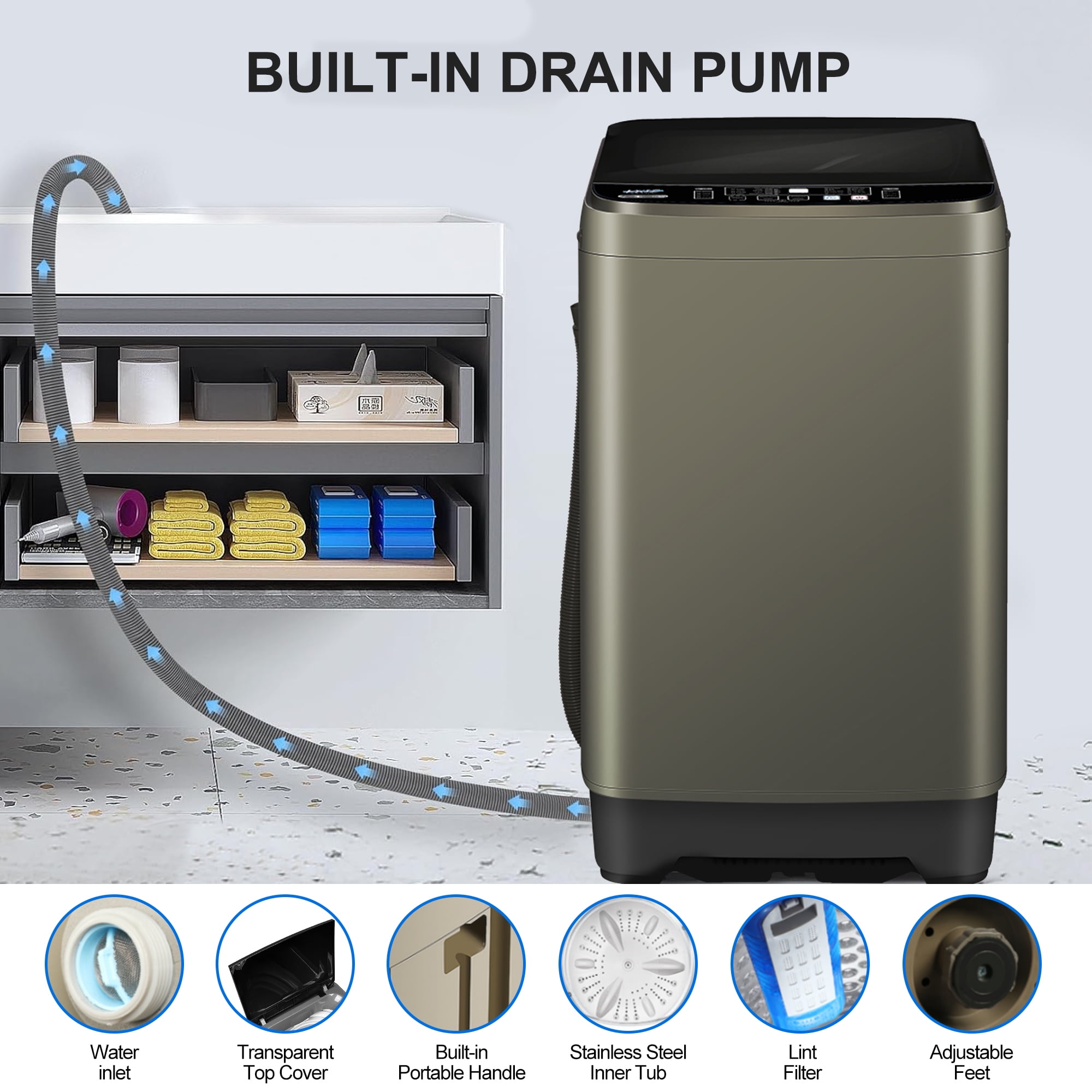 Kcpolre Portable Washing Machine, 17.8 lbs Full-Automatic Small Washing Machine for Apartment, 10 Wash Programs with Drain Hose Dorm Size Portable Washer for Home, College, Gold