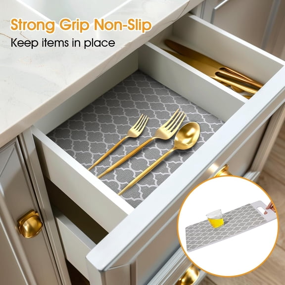 Shelf and Drawer Liner for Kitchen Cabinets Non-Adhesive, Strong Grip Non-Slip Thickened Cabinet Liners for Shelves, Waterproof Mats for Dresser Cupboard, Gray, 17 in x 16 Feet