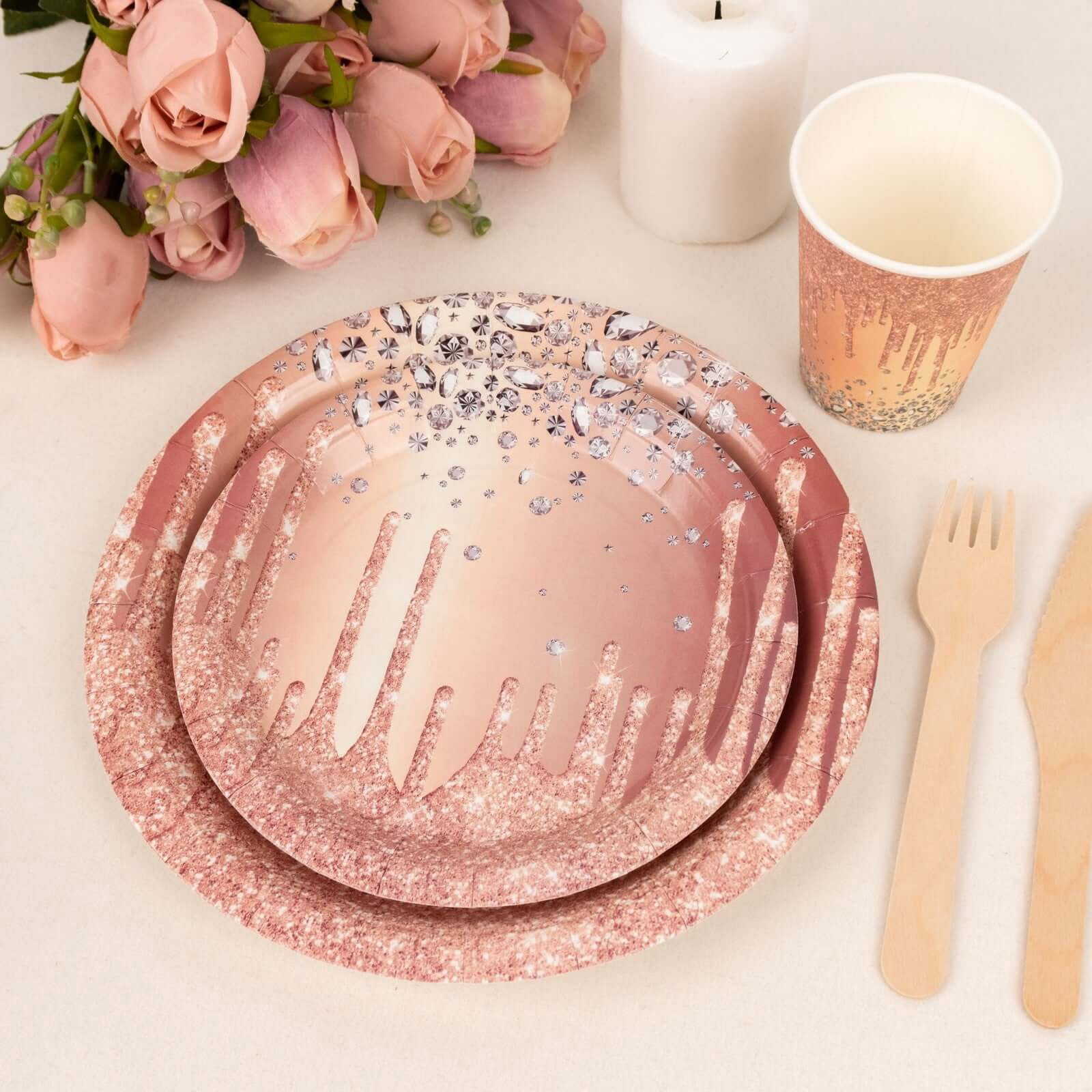 Efavormart 72 Pcs Rose Gold Disposable Party Supplies Kit With Diamonds Glitter Drip Pattern, Paper Plates Cups Tableware Combo Pack