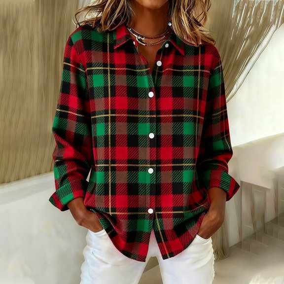 Tops for Women Long Sleeve Plaid Solid Causal Button Blouse T-Shirt Blouses Womens Blouse Plus Size Red XL