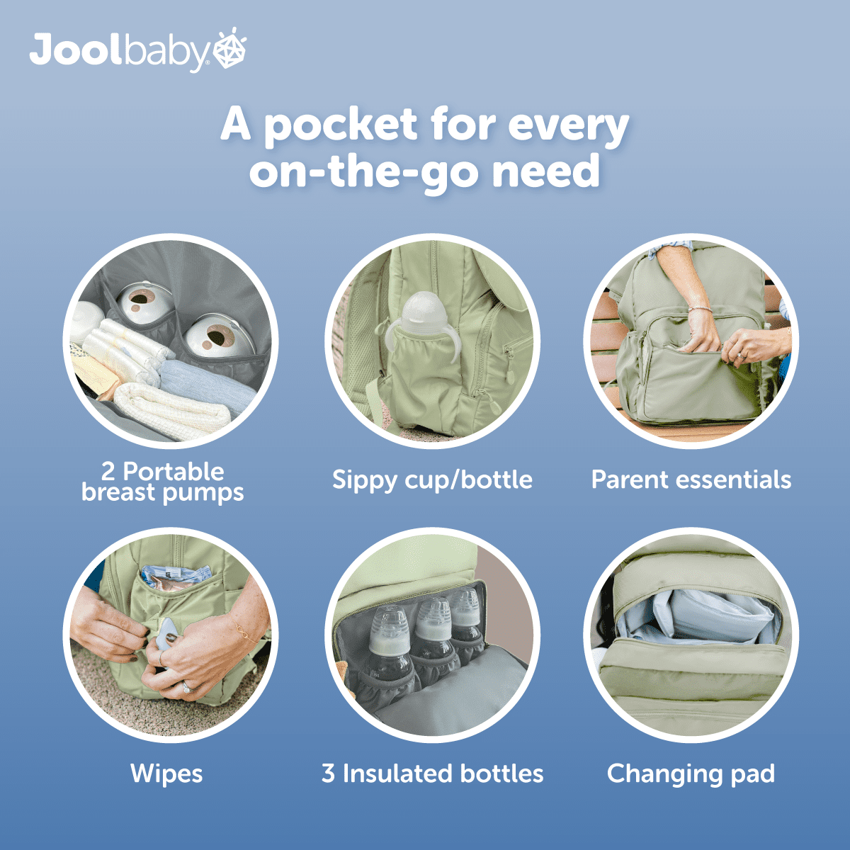 Jool Baby Diaper Backpack Bag with Changing Pad and Insulated Bottle & Breast Pump Pockets for Toddlers