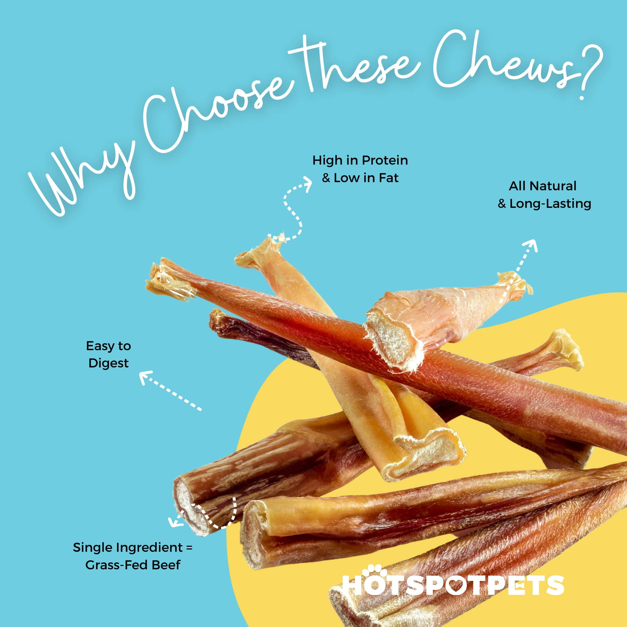 HotSpot Pets All Natural Bully Sticks 12 Inch - 6 Pack, Premium Long Lasting Chews for Large Dogs, 100% Beef