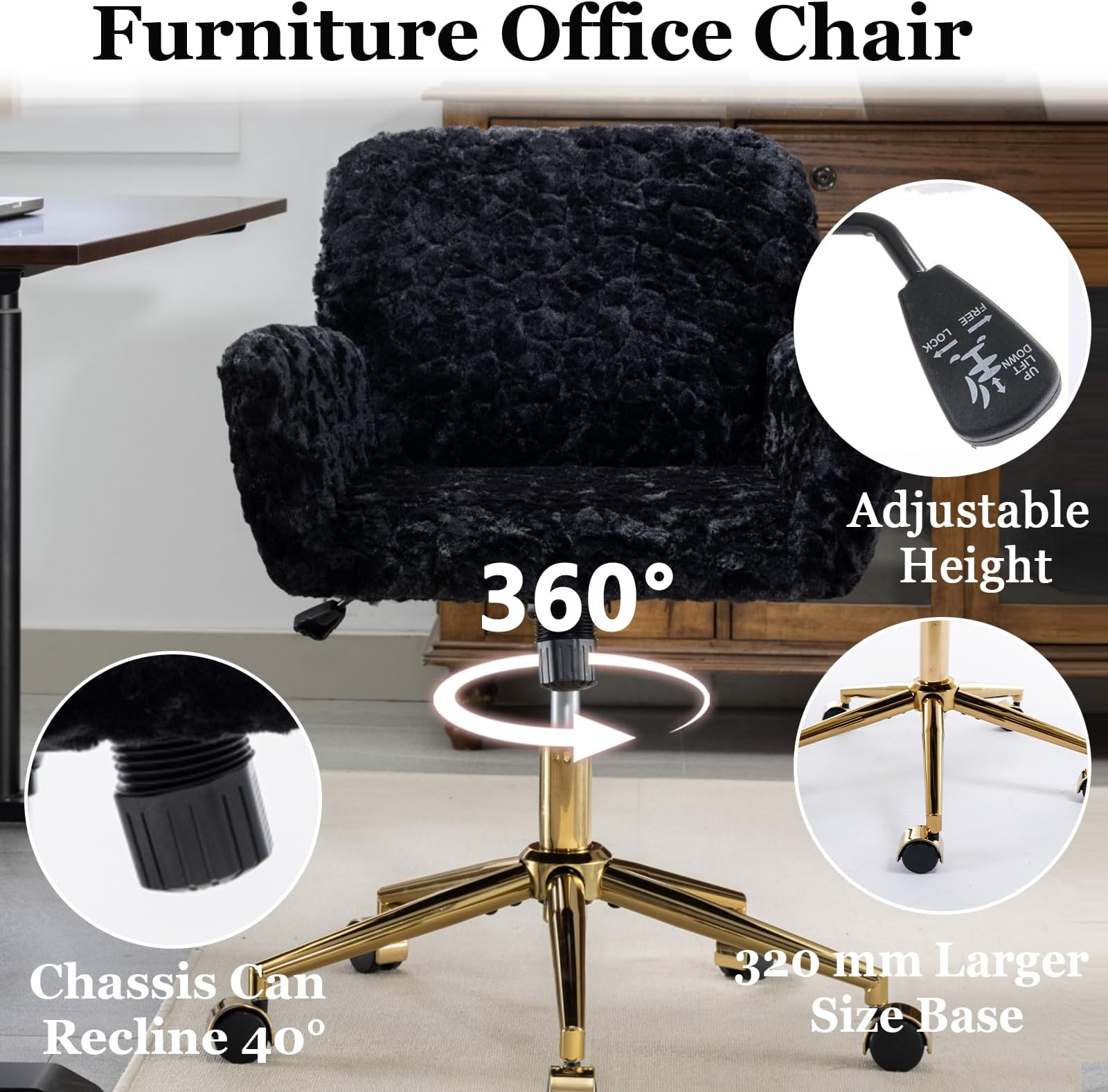JESTOP Furry Cute Office Chair, Modern Swivel Desk Chair with Wheels, Adjustable Makeup Vanity Chairs with Back, Upholstered Rolling Chairs for Vanity Makeup Room Study Indoor