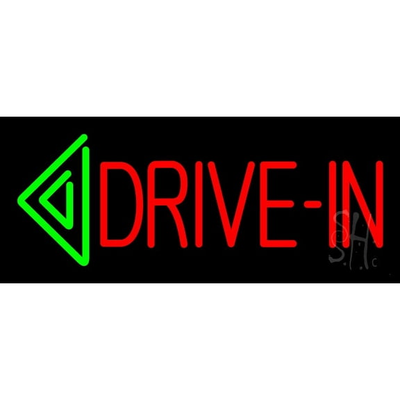 Red Drive In Green Arrow Block LED Neon Sign 6" Tall x 15" Wide - inches Black Square Cut Acrylic Backing, with Dimmer - Premium built indoor Sign for Drive In Cinema.