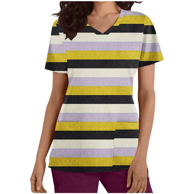 Cameland Hauts de Sarrau pour Femmes avec Poche Manches Courtes Col en V Hauts d'Infirmière Rayures Imprimées Blouse d'Uniforme de Travail Hauts de Travail