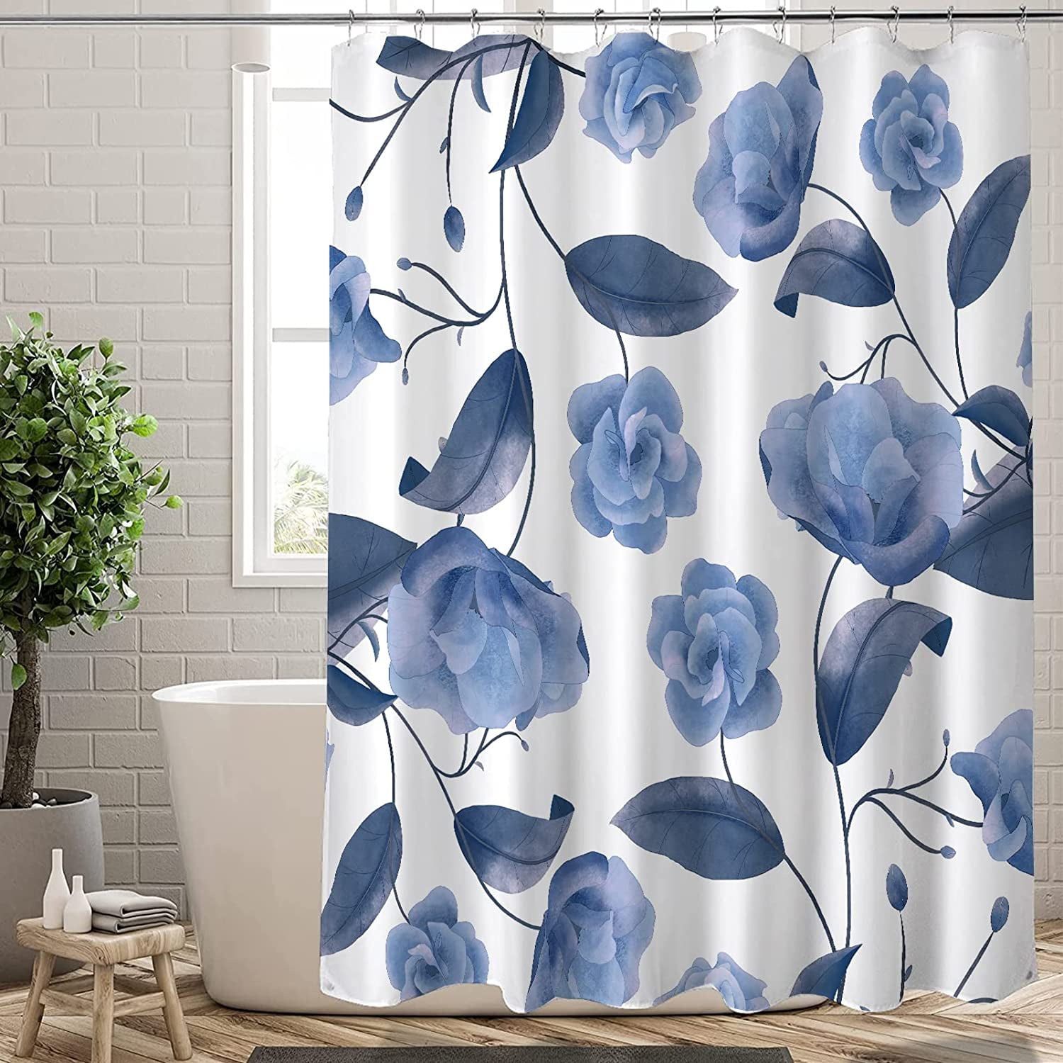 Extra Long Shower Curtain 72x84 inch Length, Aesthetic Navy Blue Floral