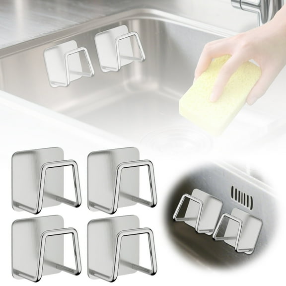 4Pcs Stainless Steel Sponge Holder - Rustproof SUS304 Kitchen Sink Organizer with Drainage Holes, Wall/Suction Mount for Sponges, Scrubbers & Dishcloths - Brushed Finish