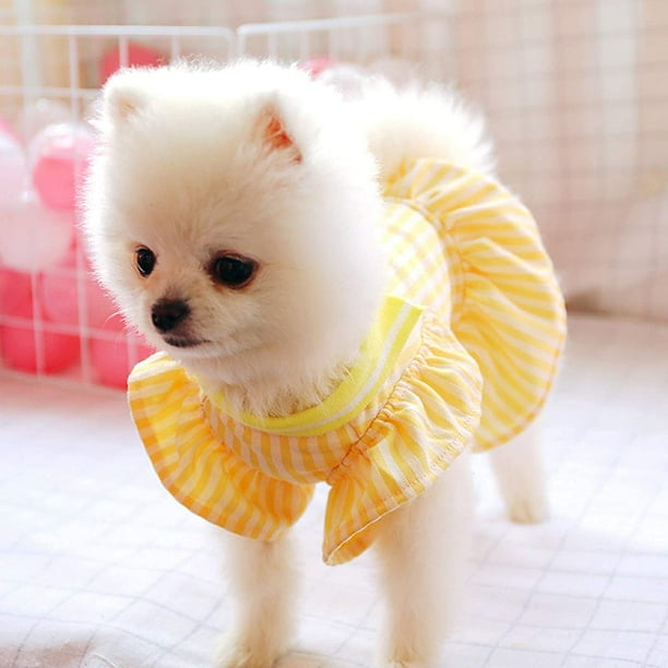 Birthday Dog Dress Cute Yellow Striped Puppy Shirt Dresses Soft Summer Ruffle Sleeve Pet Skirt Girl Dog Clothes for Small Medium Dogs Cats