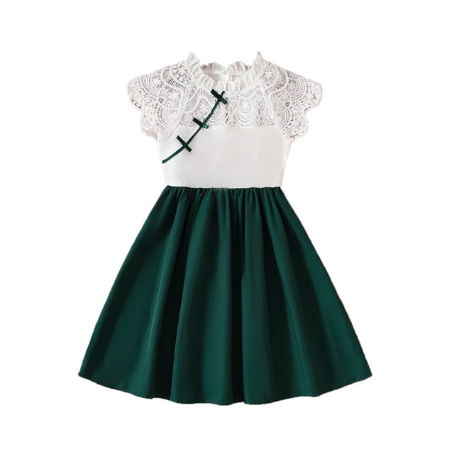 MIASHUI Robe d'Été en Dentelle à Manches Volantées pour Fillettes, pour Fête Dansante et Tenue Décontractée, Vert Foncé, 5-6 Ans