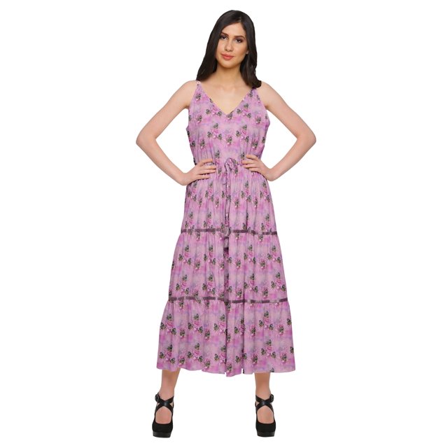 Moomaya Robe Longue Maxi pour Femmes en Coton Imprimé à Bretelles Spaghetti et Col en V